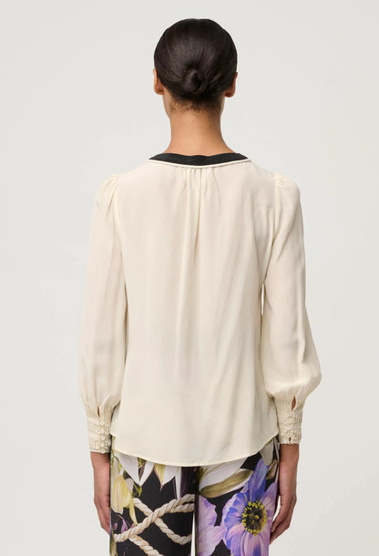 OnceWas - Iris Contrast Panel Pleated Cuff Silk Blouse | Cloud