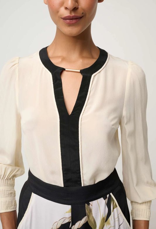 OnceWas - Iris Contrast Panel Pleated Cuff Silk Blouse | Cloud