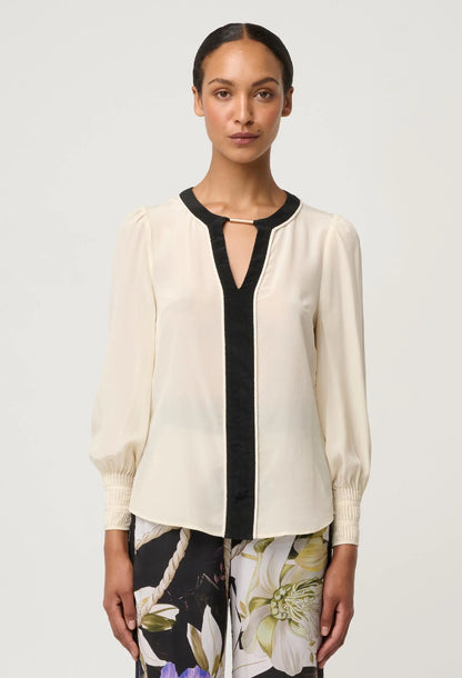 OnceWas - Iris Contrast Panel Pleated Cuff Silk Blouse | Cloud