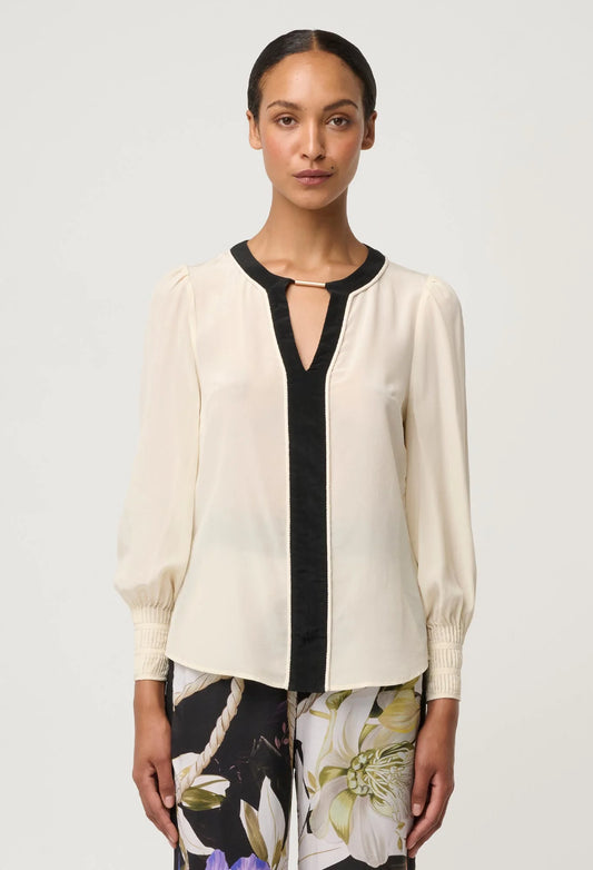 OnceWas - Iris Contrast Panel Pleated Cuff Silk Blouse | Cloud