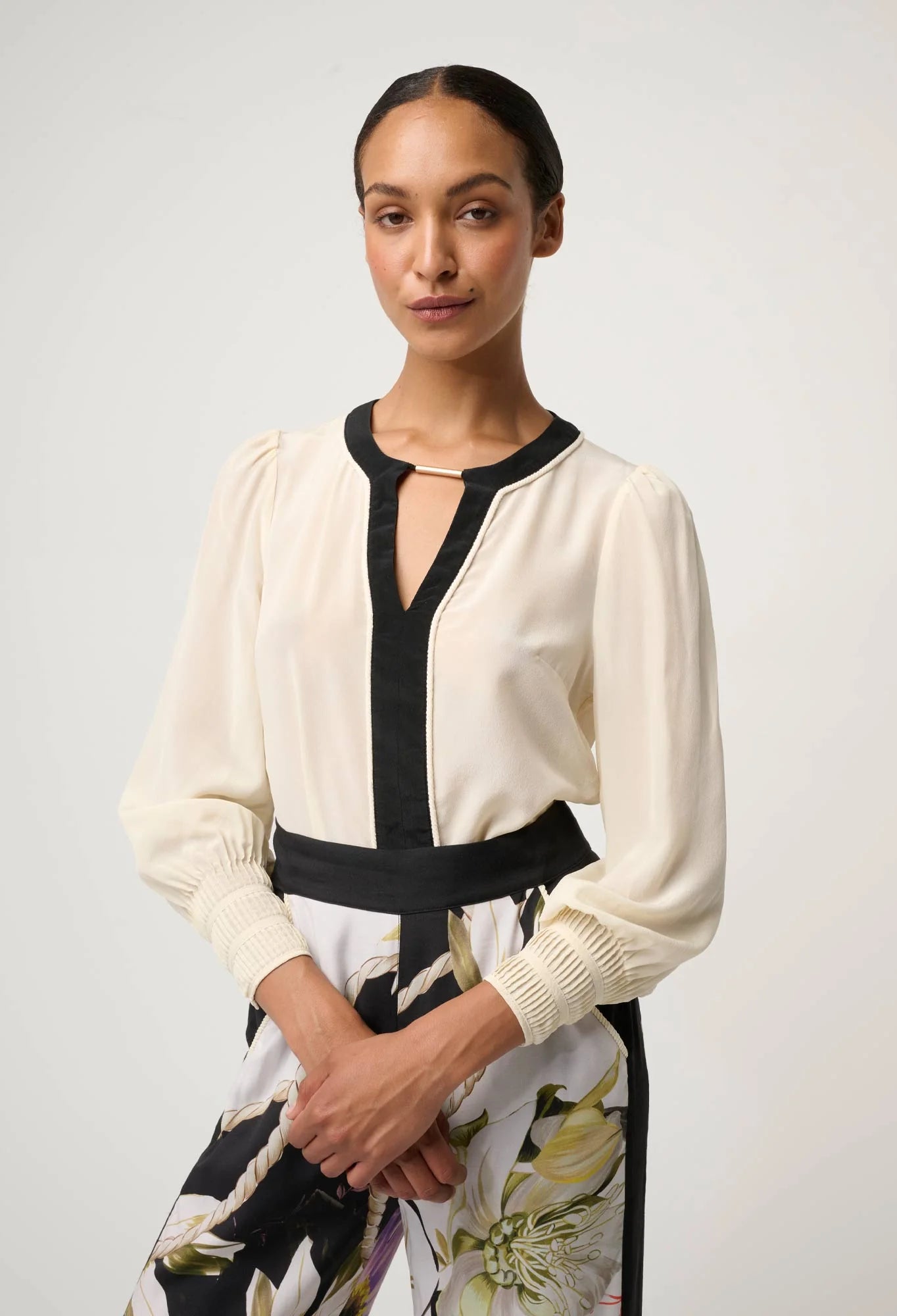 OnceWas - Iris Contrast Panel Pleated Cuff Silk Blouse | Cloud