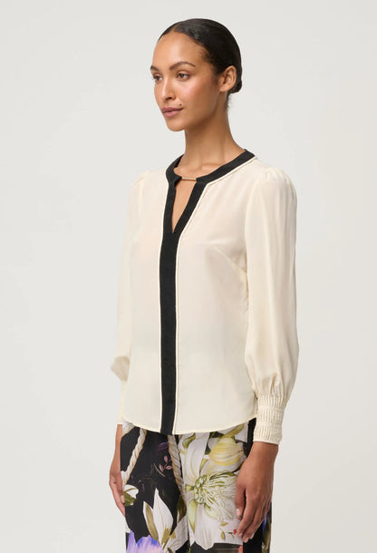 OnceWas - Iris Contrast Panel Pleated Cuff Silk Blouse | Cloud