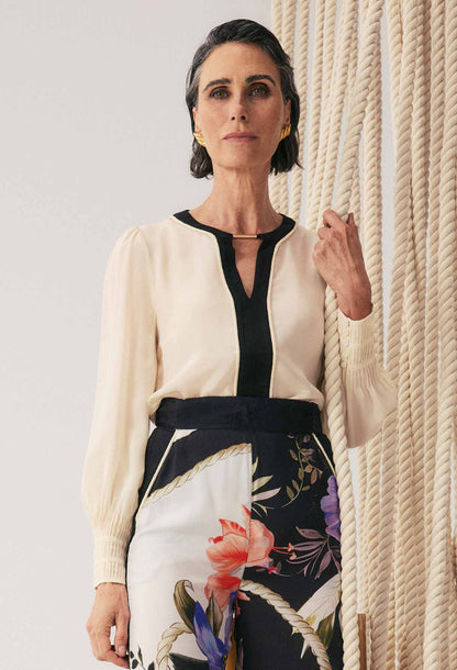OnceWas - Iris Contrast Panel Pleated Cuff Silk Blouse | Cloud