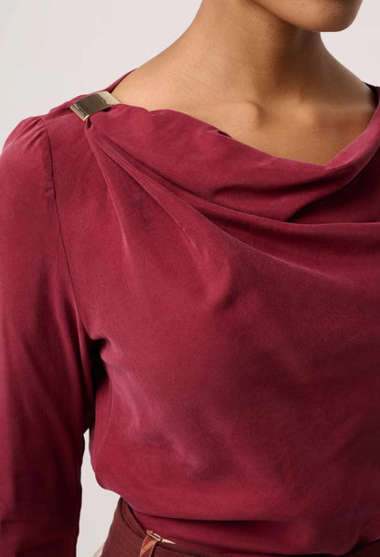 OnceWas - Serene Gold Detail Cupro Viscose Stretch Top | Ruby