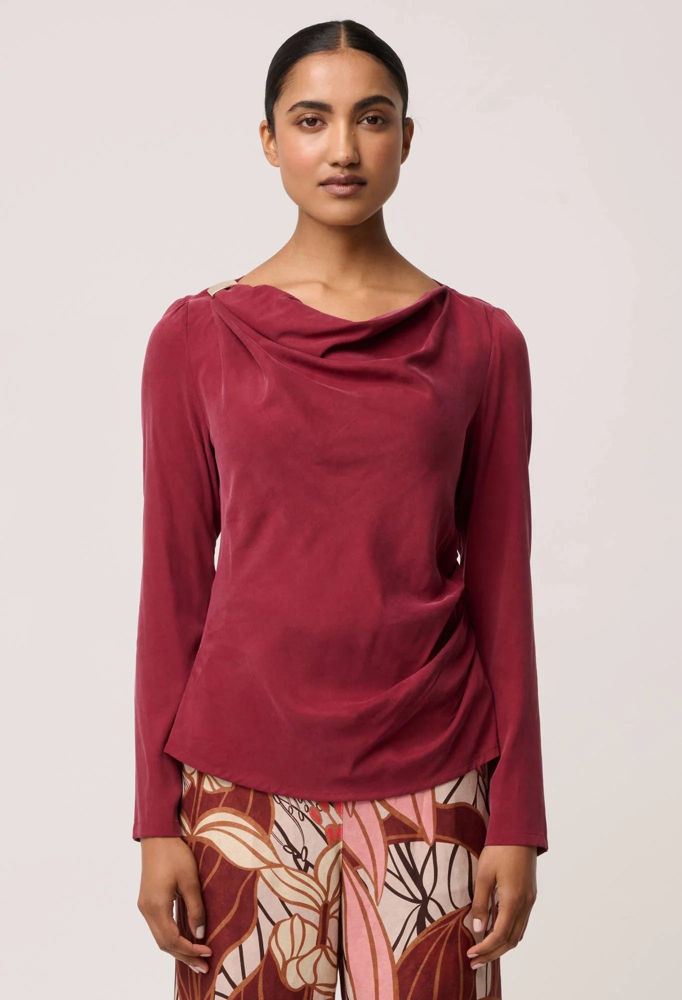 OnceWas - Serene Gold Detail Cupro Viscose Stretch Top | Ruby