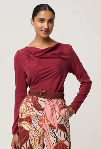 OnceWas - Serene Gold Detail Cupro Viscose Stretch Top | Ruby