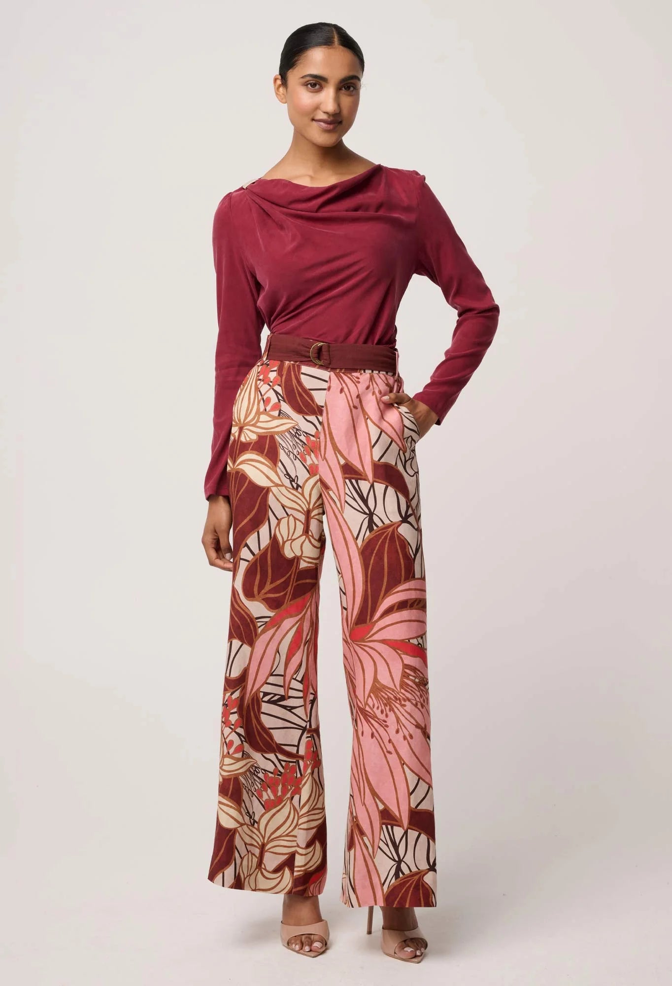 OnceWas - Serene Gold Detail Cupro Viscose Stretch Top | Ruby