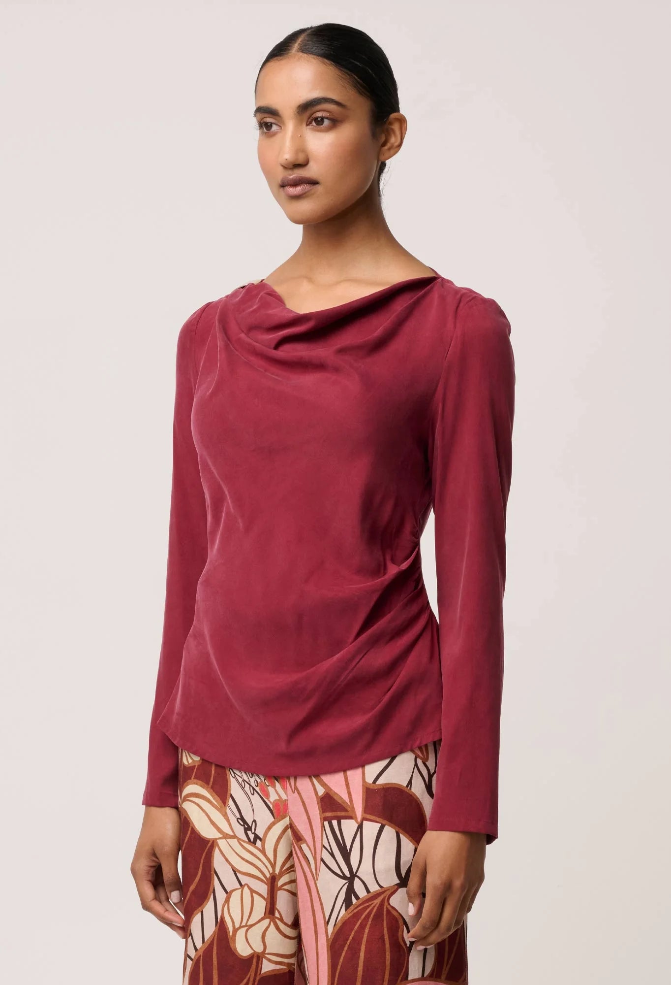 OnceWas - Serene Gold Detail Cupro Viscose Stretch Top | Ruby