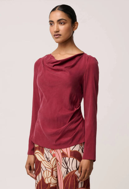 OnceWas - Serene Gold Detail Cupro Viscose Stretch Top | Ruby
