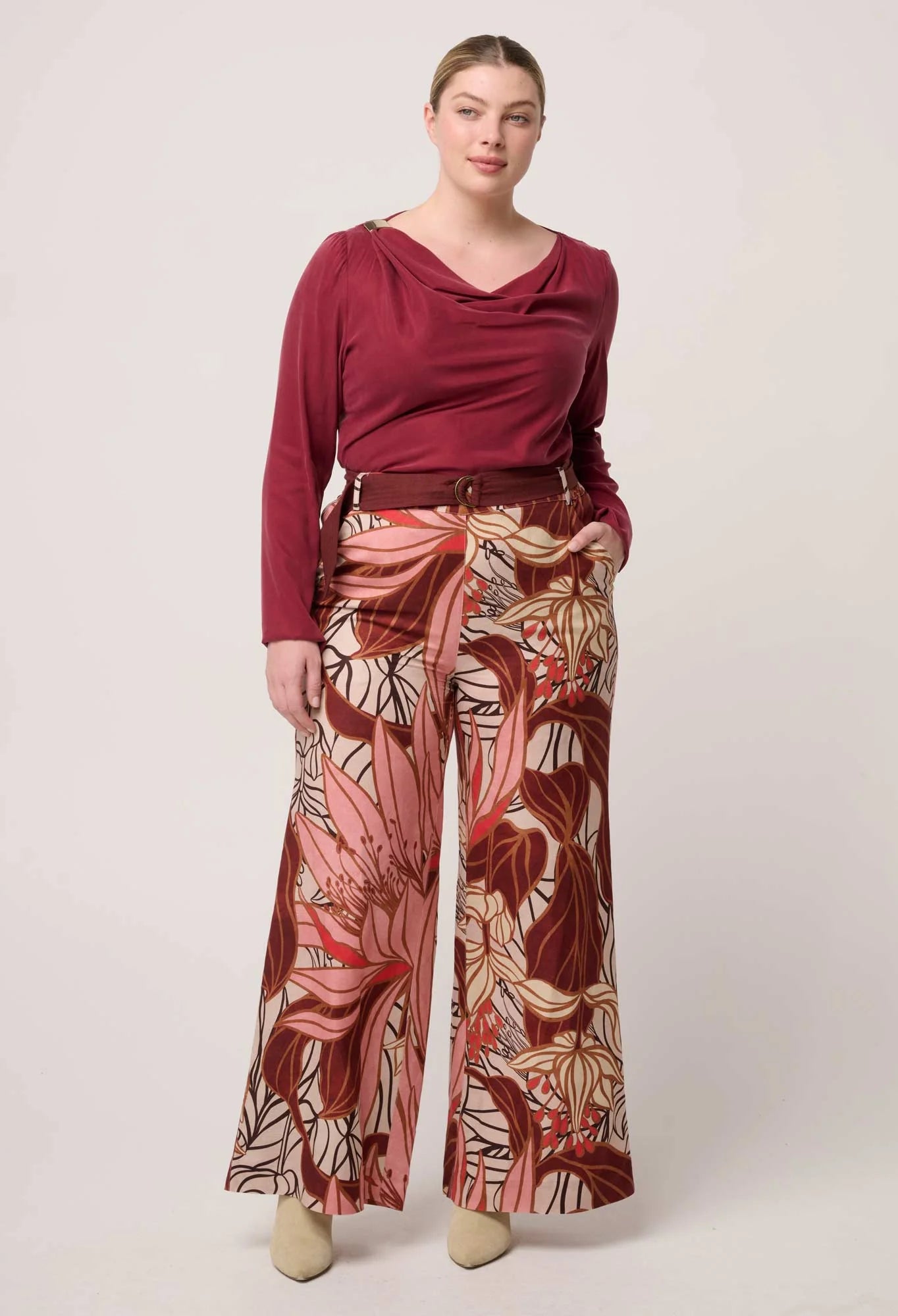 OnceWas - Serene Gold Detail Cupro Viscose Stretch Top | Ruby