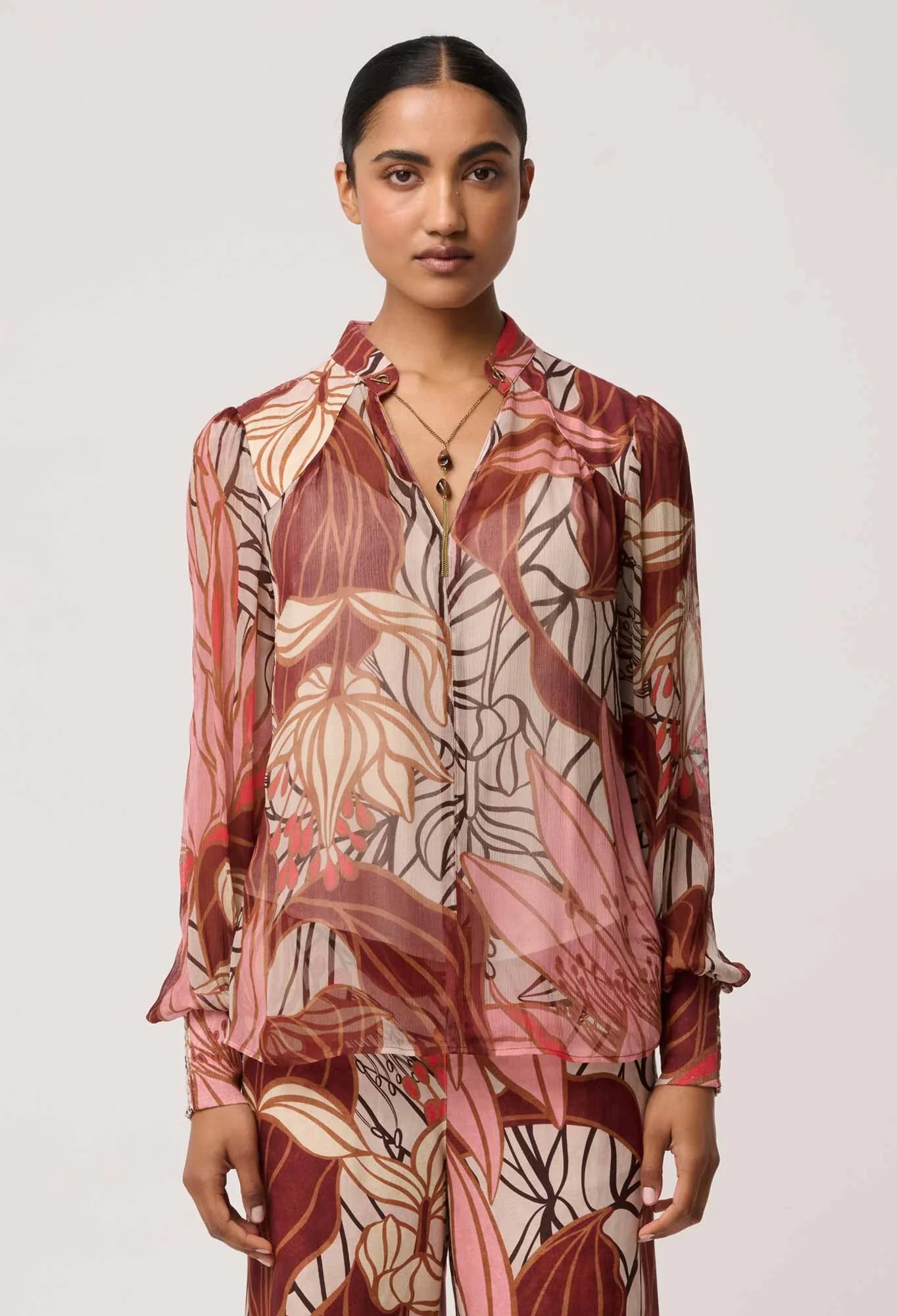 OnceWas - Freya Sheer Viscose Blouse with Embellished Neck Detail | Cathedral Botanic