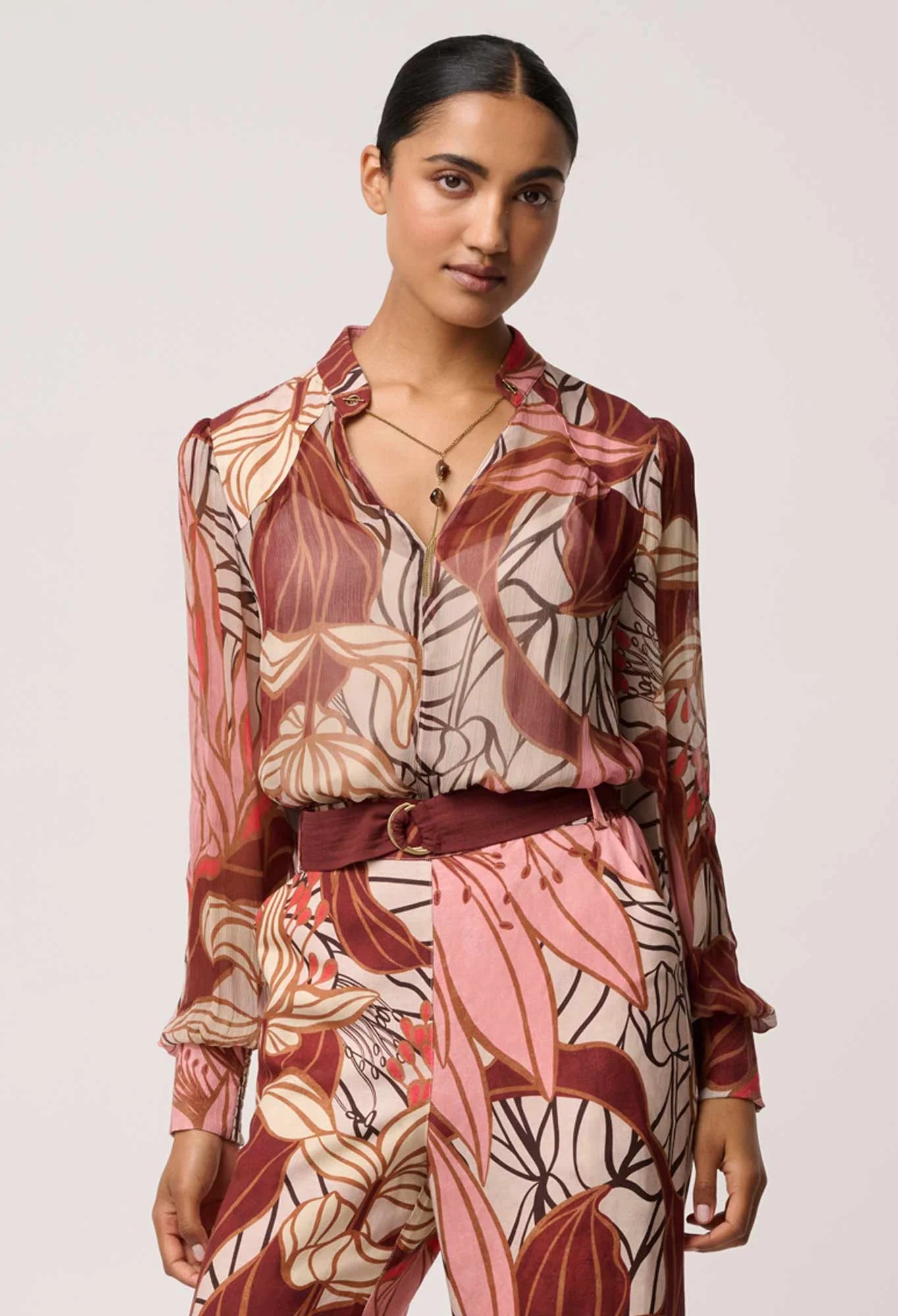 OnceWas - Freya Sheer Viscose Blouse with Embellished Neck Detail | Cathedral Botanic