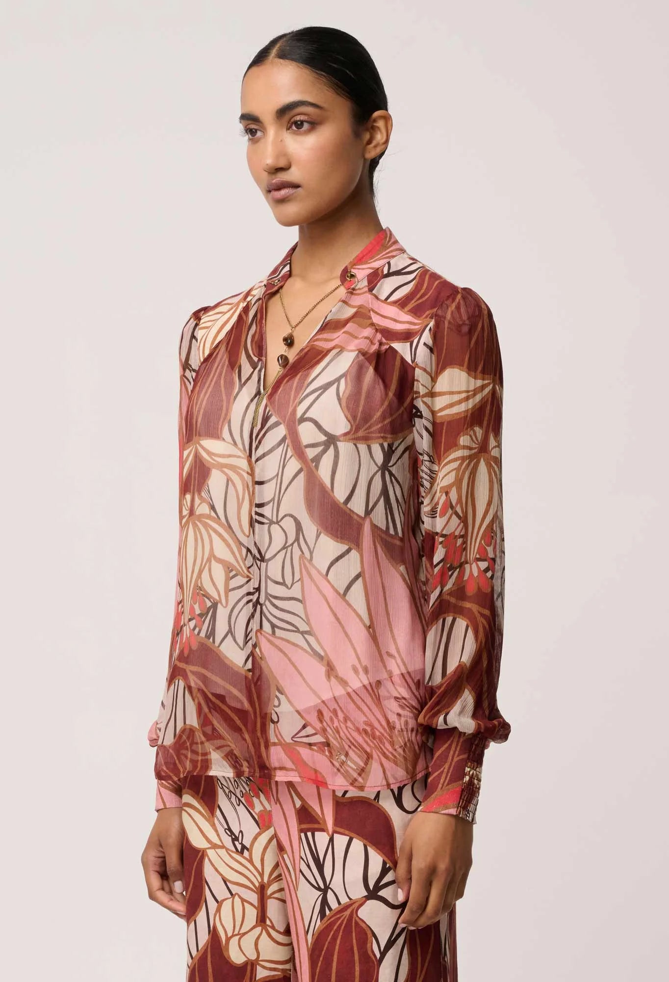 OnceWas - Freya Sheer Viscose Blouse with Embellished Neck Detail | Cathedral Botanic