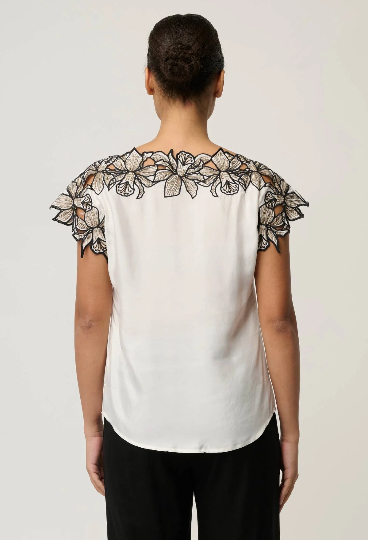 OnceWas - Eleanor Cupro Blend Embroidery Detail Wide Neck Top | Ivory