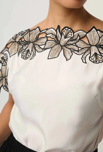 OnceWas - Eleanor Cupro Blend Embroidery Detail Wide Neck Top | Ivory