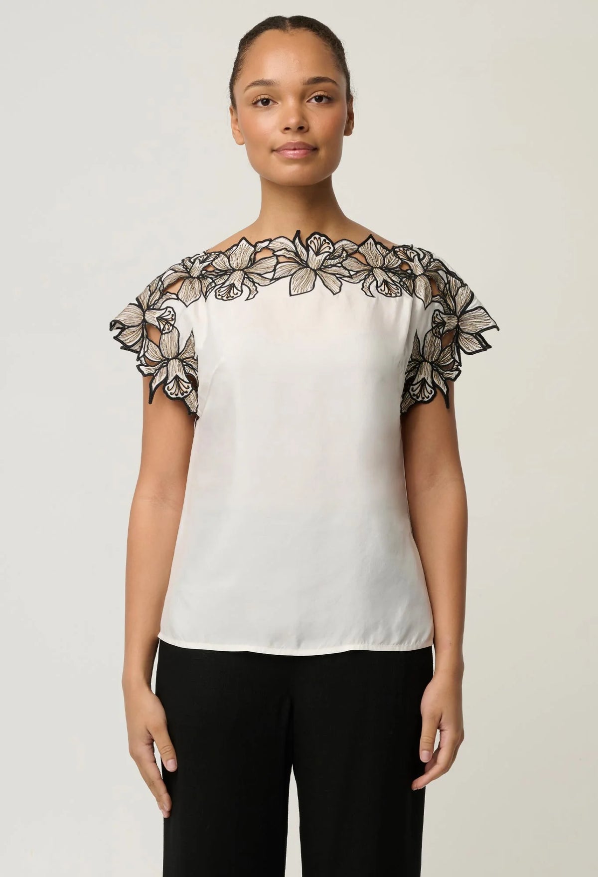 OnceWas - Eleanor Cupro Blend Embroidery Detail Wide Neck Top | Ivory