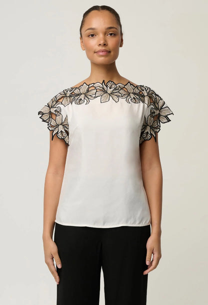 OnceWas - Eleanor Cupro Blend Embroidery Detail Wide Neck Top | Ivory