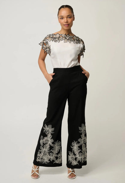 OnceWas - Eleanor Cupro Blend Embroidery Detail Wide Neck Top | Ivory