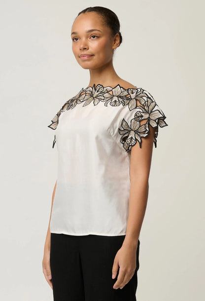 OnceWas - Eleanor Cupro Blend Embroidery Detail Wide Neck Top | Ivory