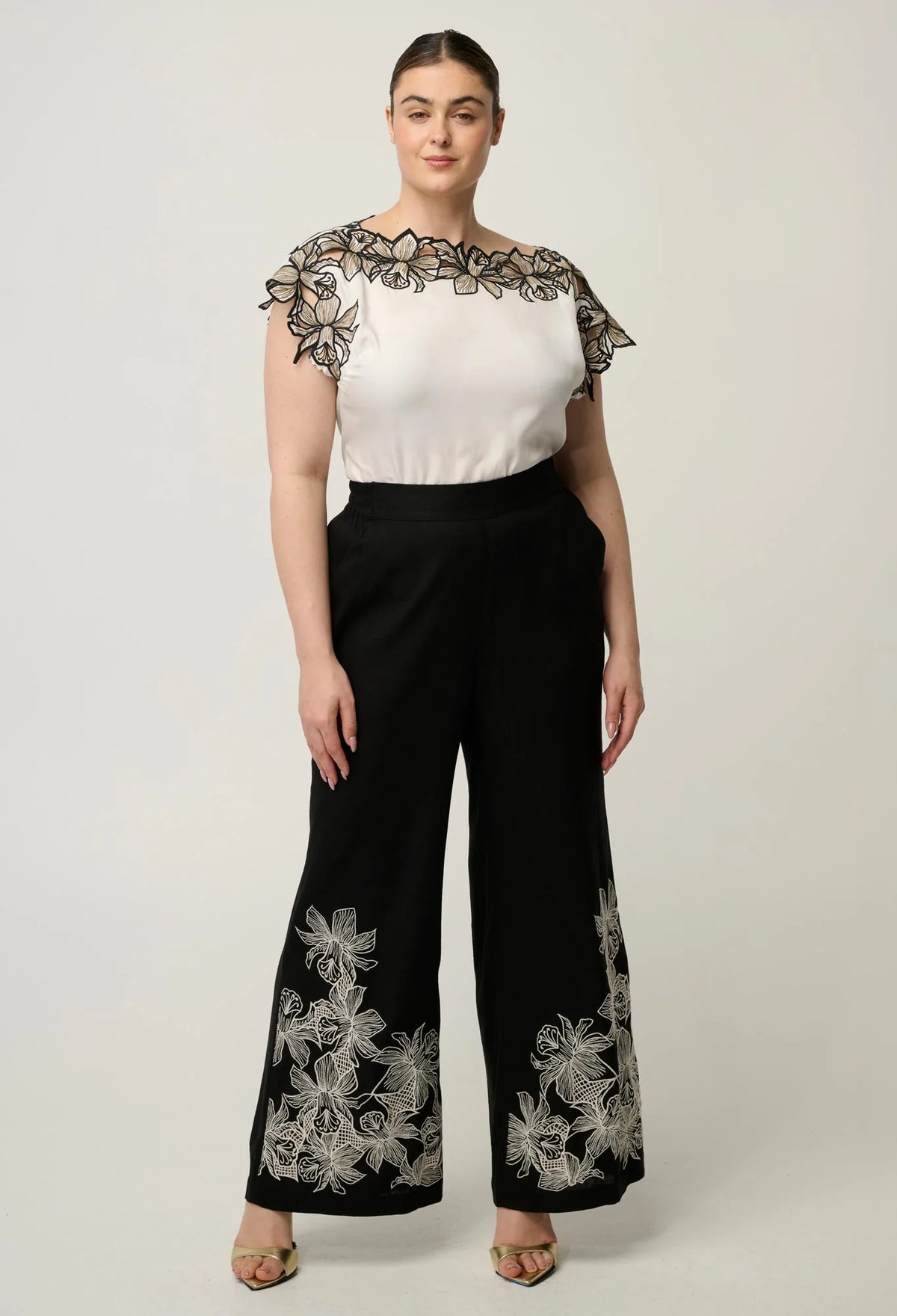 OnceWas - Eleanor Cupro Blend Embroidery Detail Wide Neck Top | Ivory