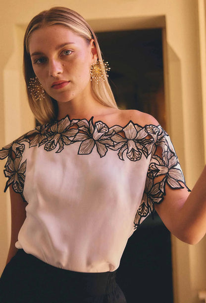 OnceWas - Eleanor Cupro Blend Embroidery Detail Wide Neck Top | Ivory