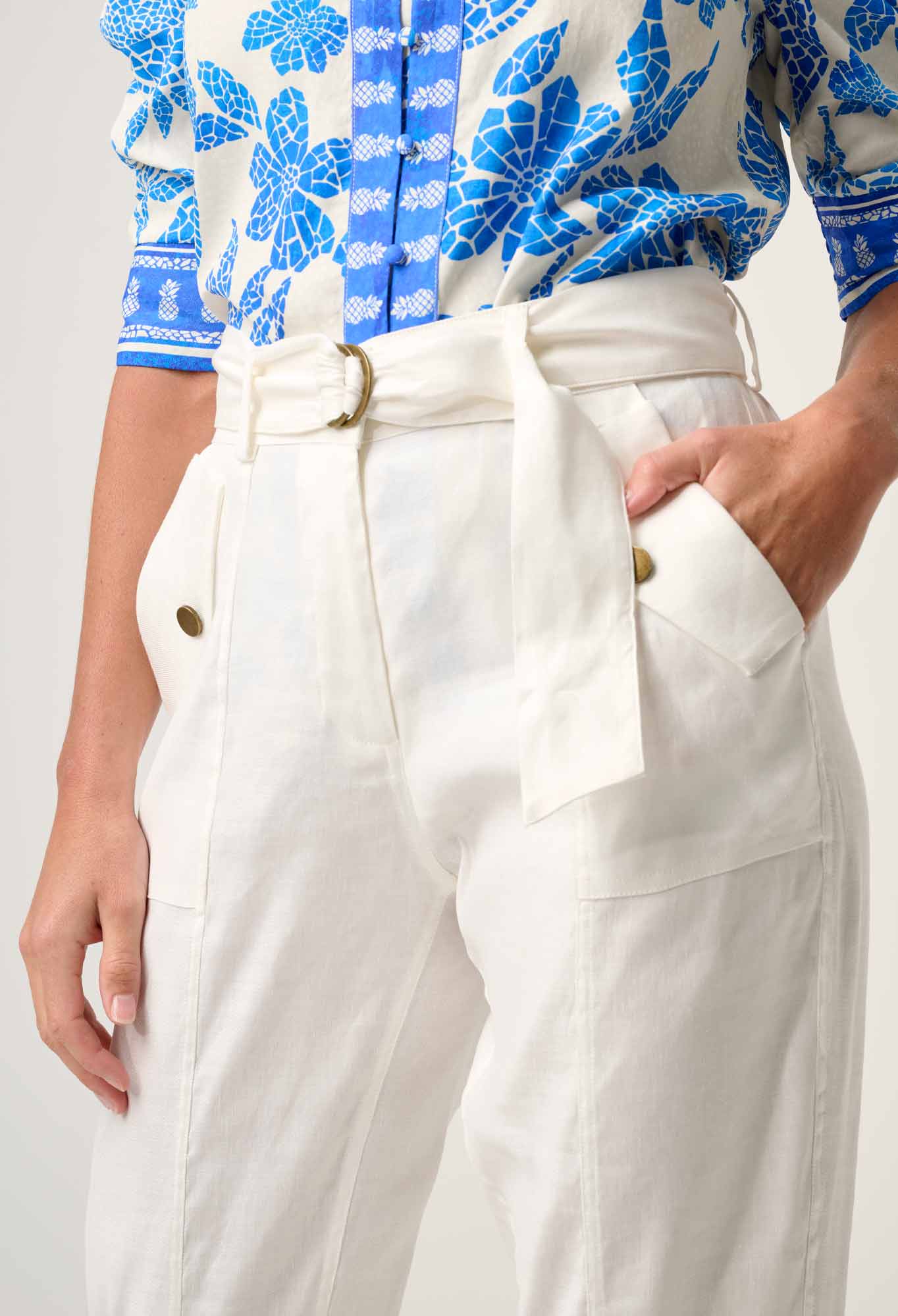 OnceWas - Trinidad Linen Viscose Button Cuff Pant | Ivory OnceWas