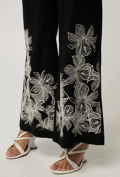 OnceWas - Willow Linen Viscose Embroidery Detail Pant | Black