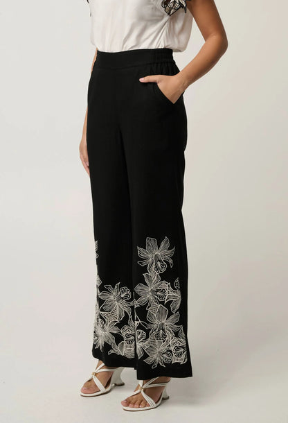 OnceWas - Willow Linen Viscose Embroidery Detail Pant | Black