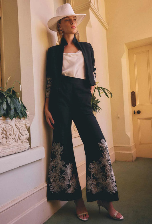 OnceWas - Willow Linen Viscose Embroidery Detail Pant | Black