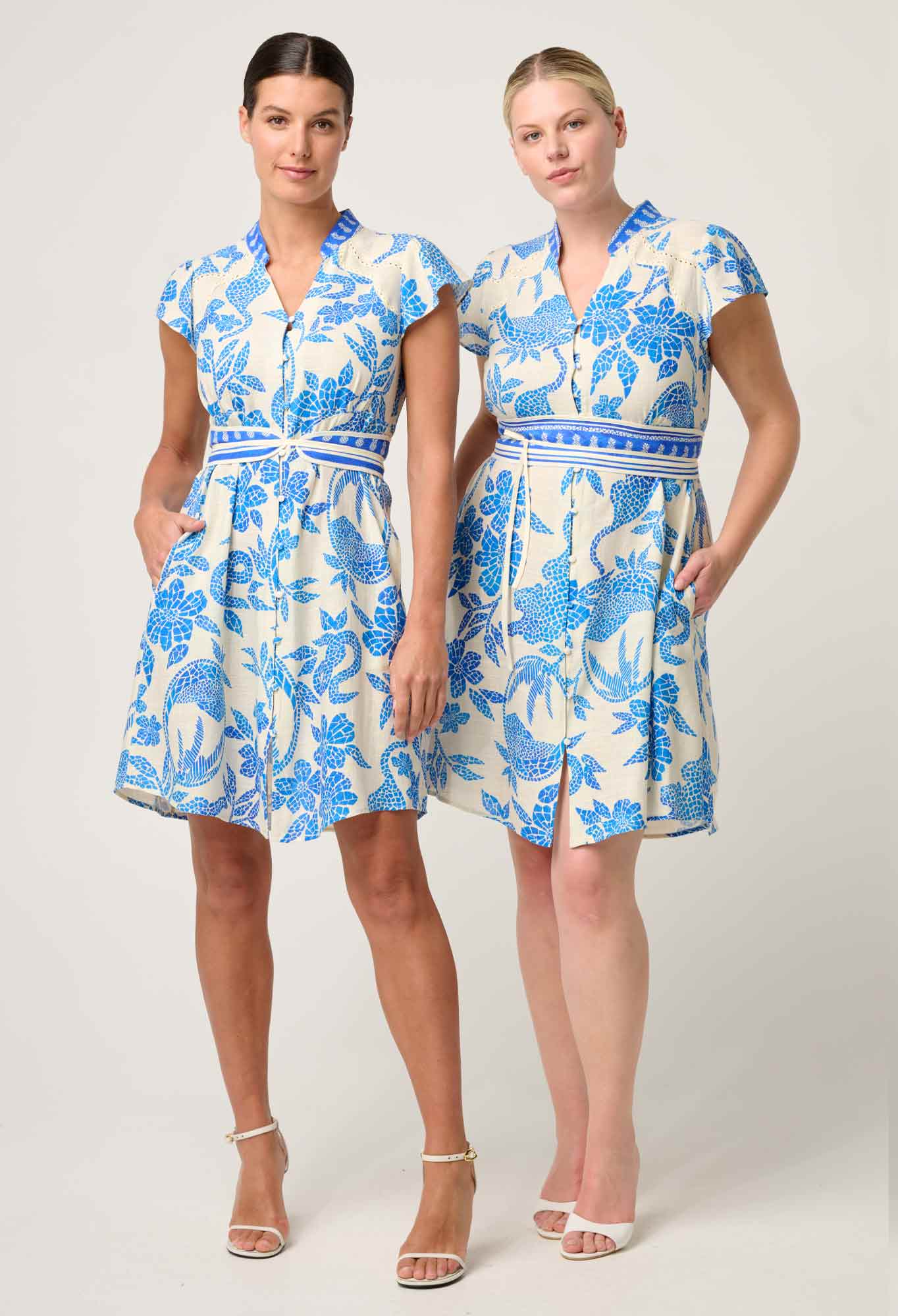 OnceWas - Adriana Linen Viscose Embroidered Yoke Dress | Azure Mosaic OnceWas