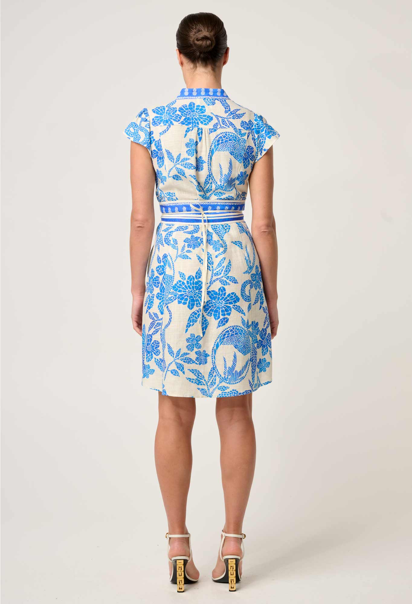 OnceWas - Adriana Linen Viscose Embroidered Yoke Dress | Azure Mosaic OnceWas