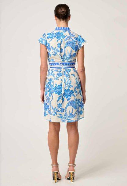 OnceWas - Adriana Linen Viscose Embroidered Yoke Dress | Azure Mosaic OnceWas