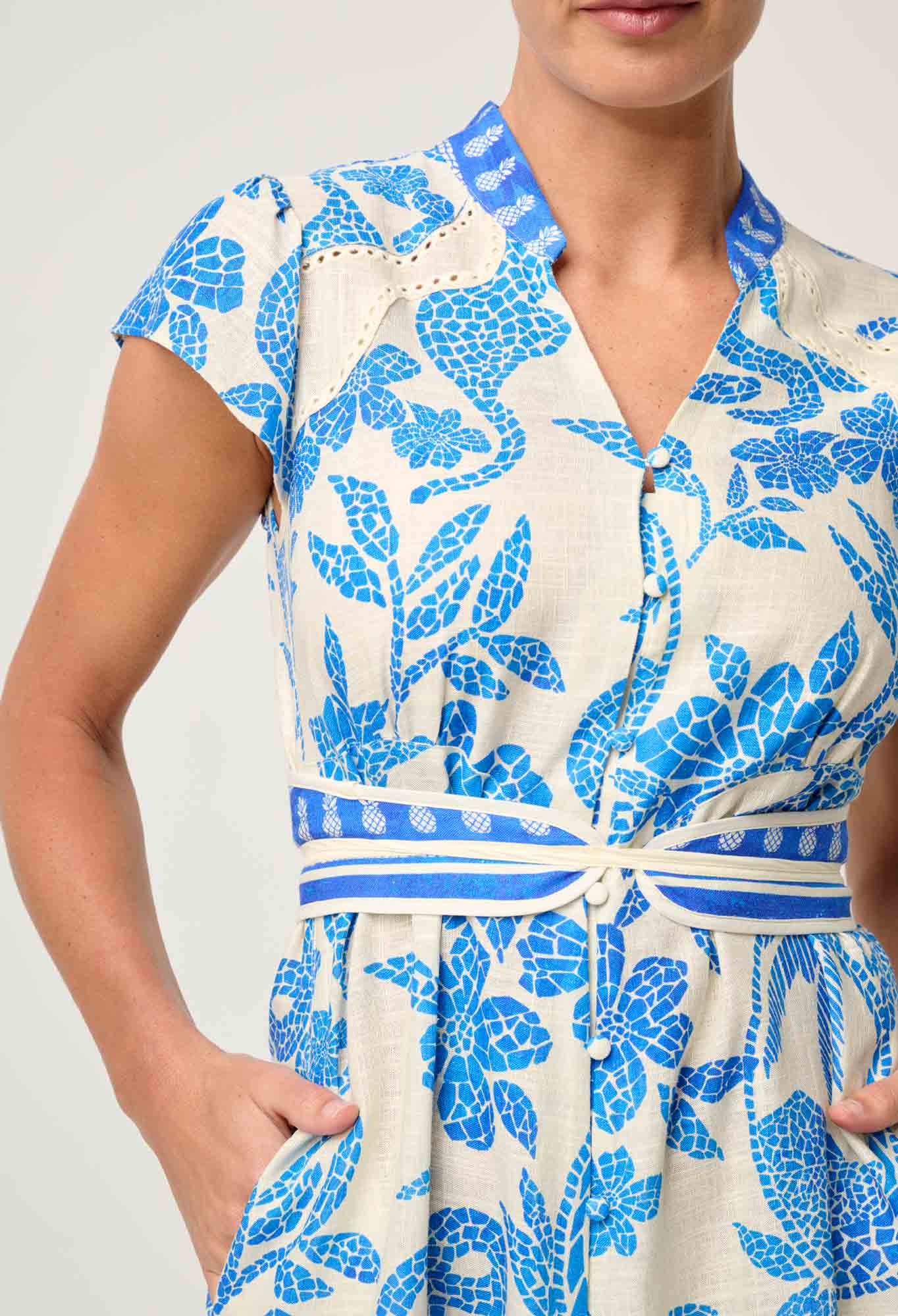 OnceWas - Adriana Linen Viscose Embroidered Yoke Dress | Azure Mosaic OnceWas