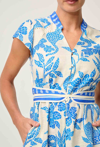 OnceWas - Adriana Linen Viscose Embroidered Yoke Dress | Azure Mosaic OnceWas