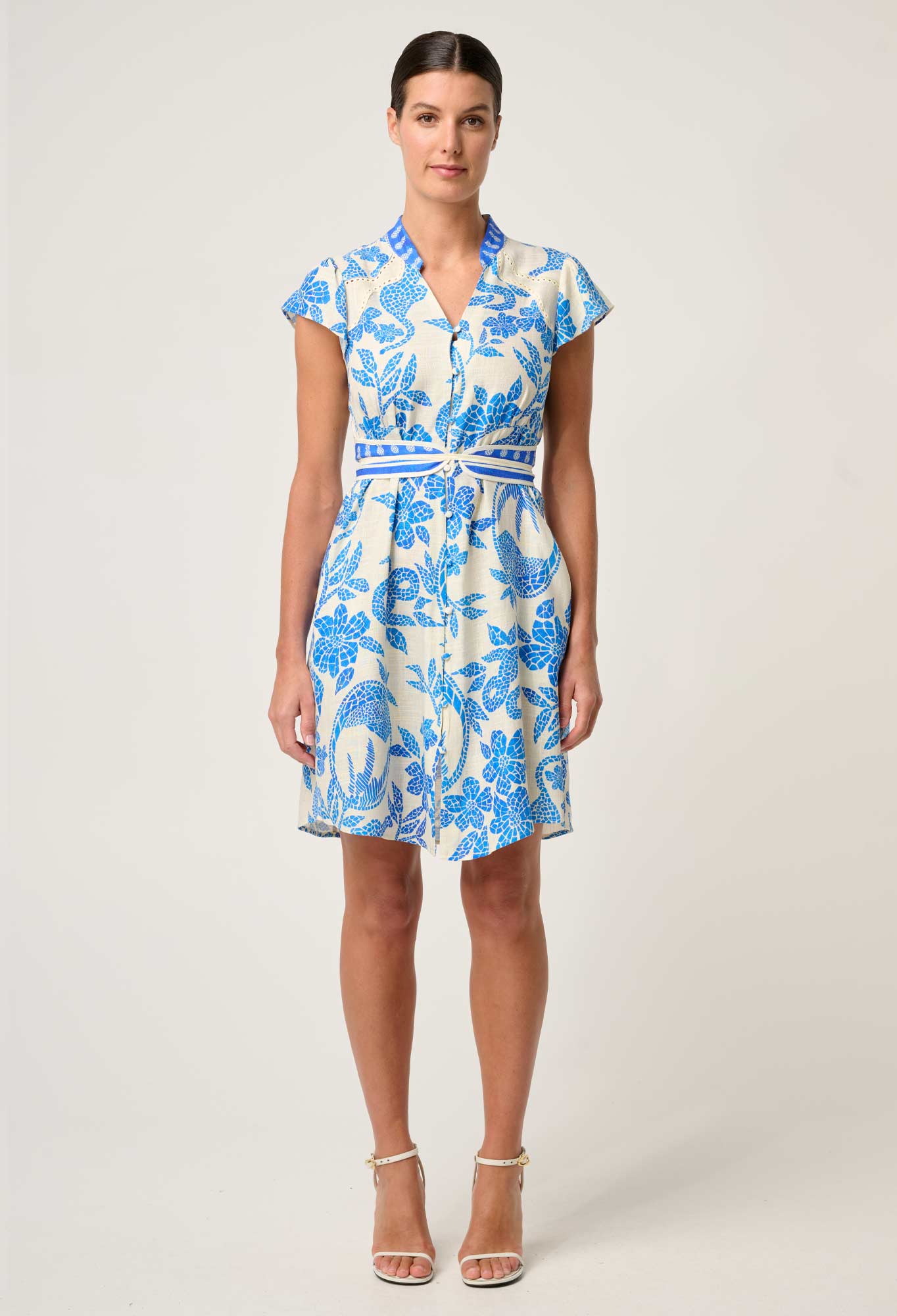 OnceWas - Adriana Linen Viscose Embroidered Yoke Dress | Azure Mosaic OnceWas