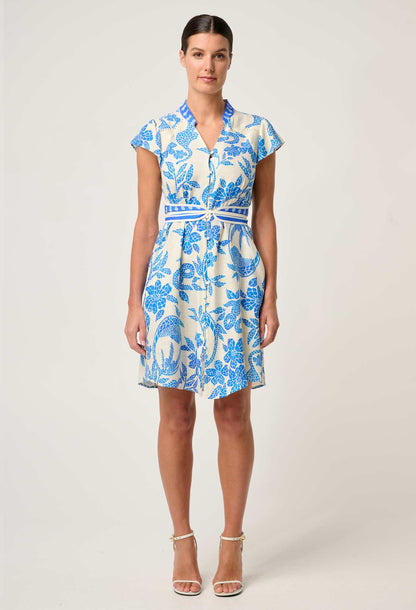 OnceWas - Adriana Linen Viscose Embroidered Yoke Dress | Azure Mosaic OnceWas