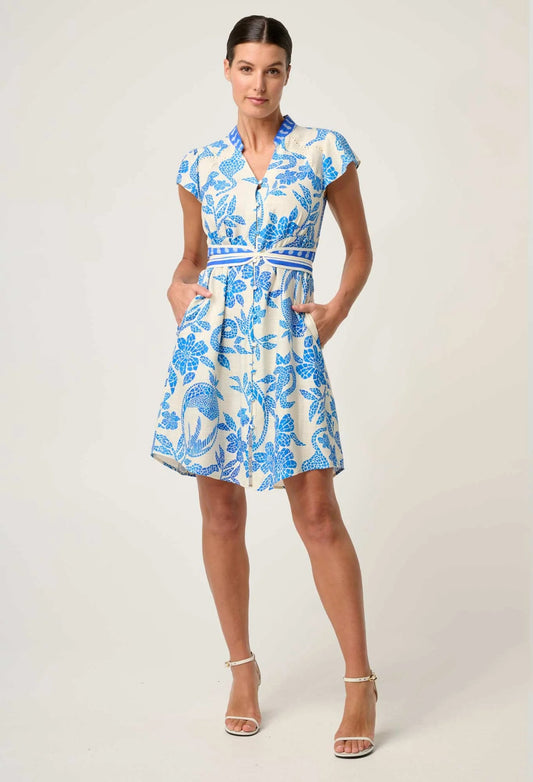 OnceWas - Adriana Linen Viscose Embroidered Yoke Dress | Azure Mosaic OnceWas