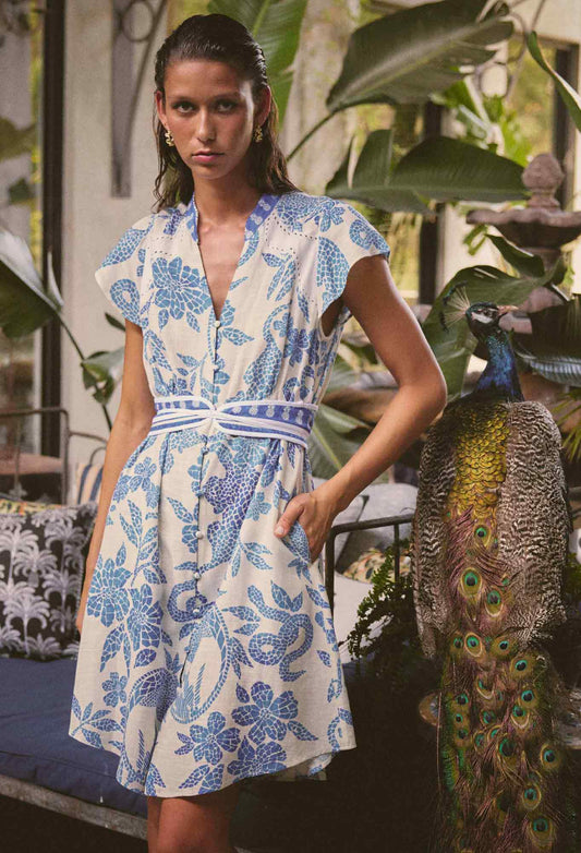 OnceWas - Adriana Linen Viscose Embroidered Yoke Dress | Azure Mosaic OnceWas