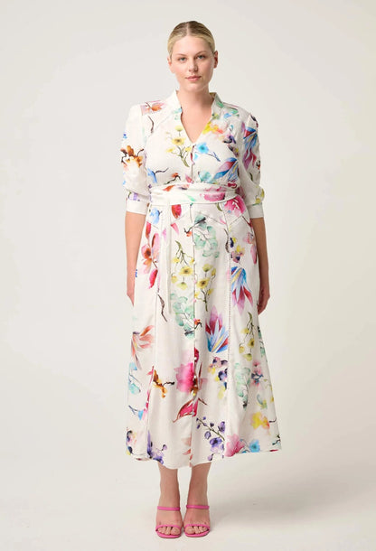 OnceWas - Xenia Yoke Linen Viscose Dress | Plume Blossom OnceWas