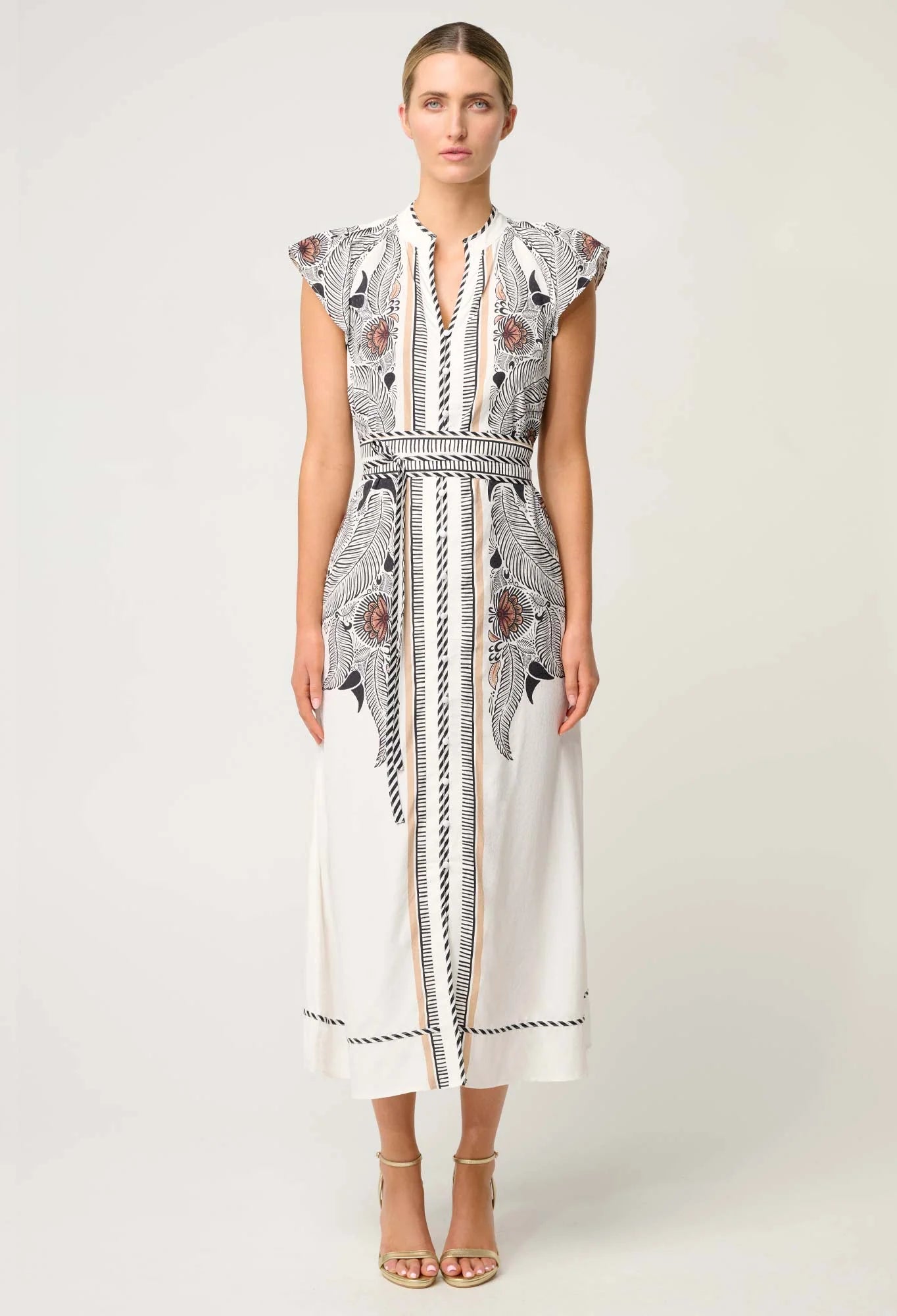OnceWas - Malika Viscose Dobby Contrast Bind Flutter Sleeve Dress | Ivory Casablanca