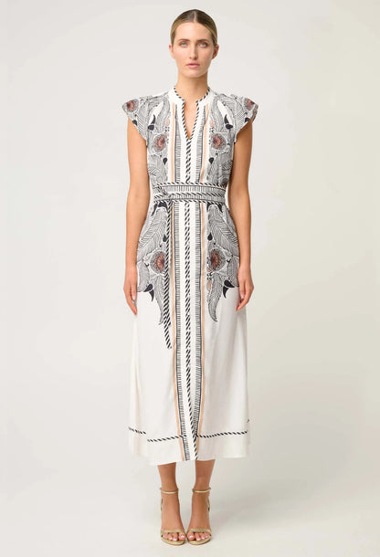 OnceWas - Malika Viscose Dobby Contrast Bind Flutter Sleeve Dress | Ivory Casablanca