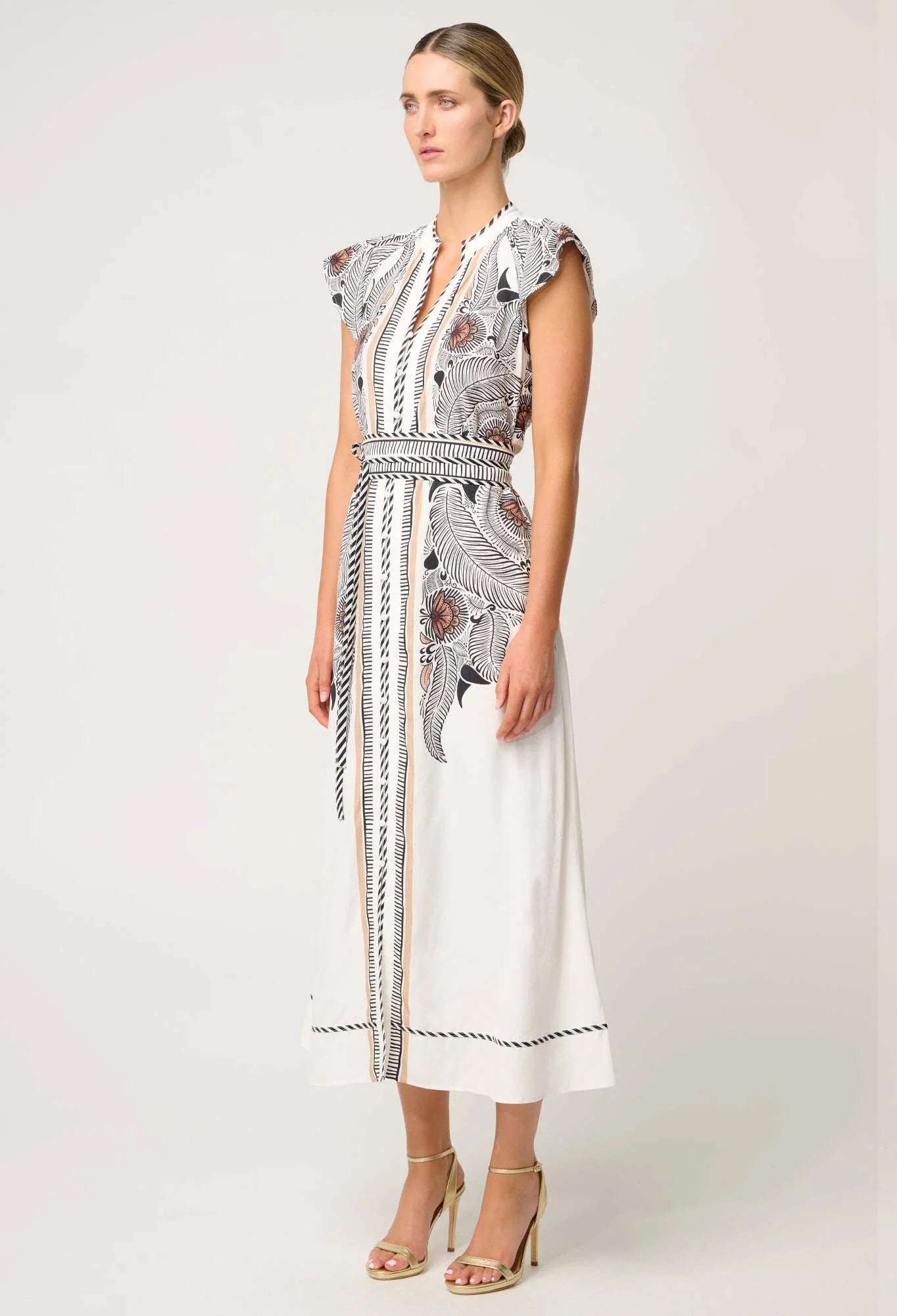 OnceWas - Malika Viscose Dobby Contrast Bind Flutter Sleeve Dress | Ivory Casablanca
