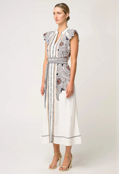 OnceWas - Malika Viscose Dobby Contrast Bind Flutter Sleeve Dress | Ivory Casablanca