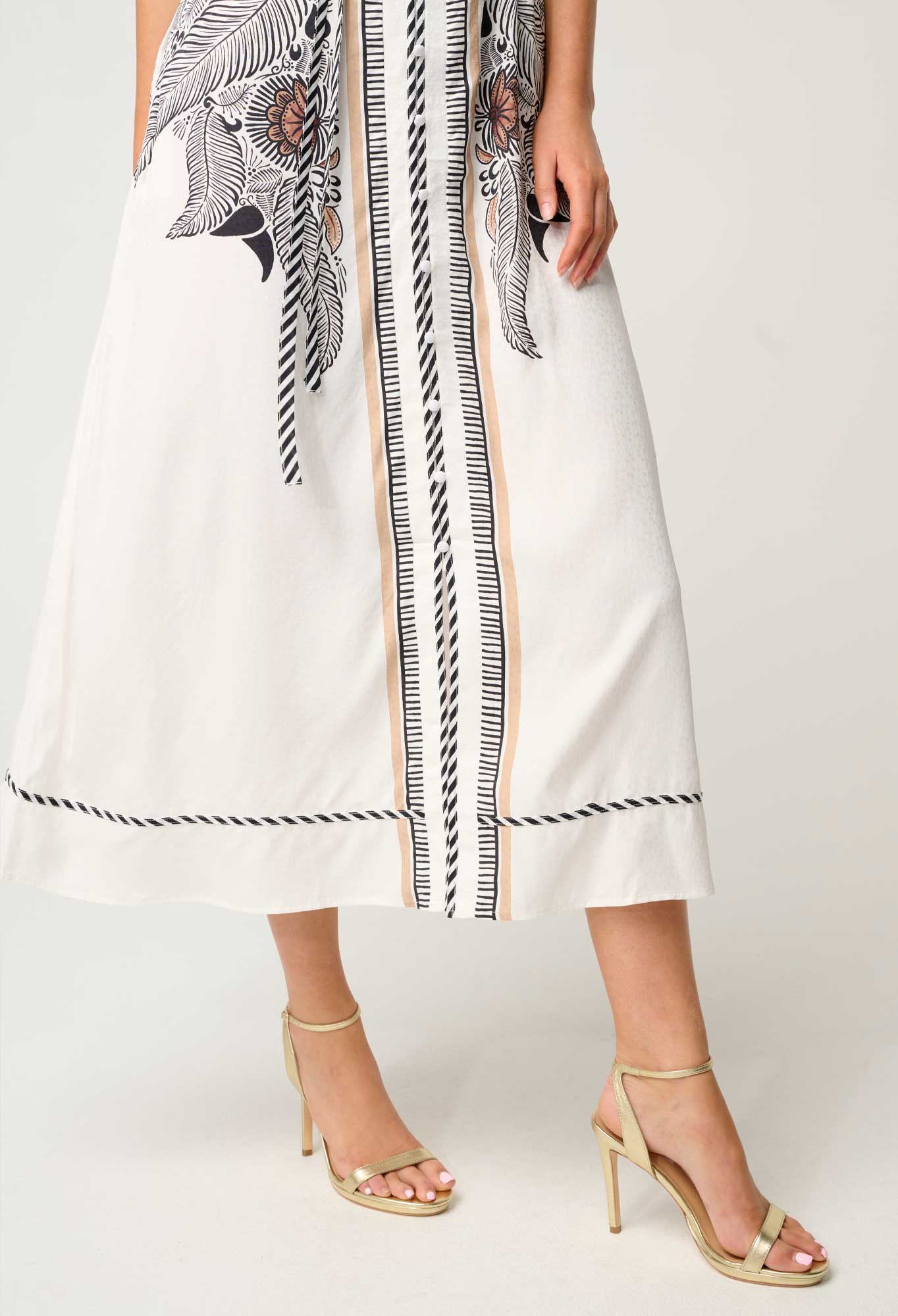 OnceWas - Malika Viscose Dobby Contrast Bind Flutter Sleeve Dress | Ivory Casablanca