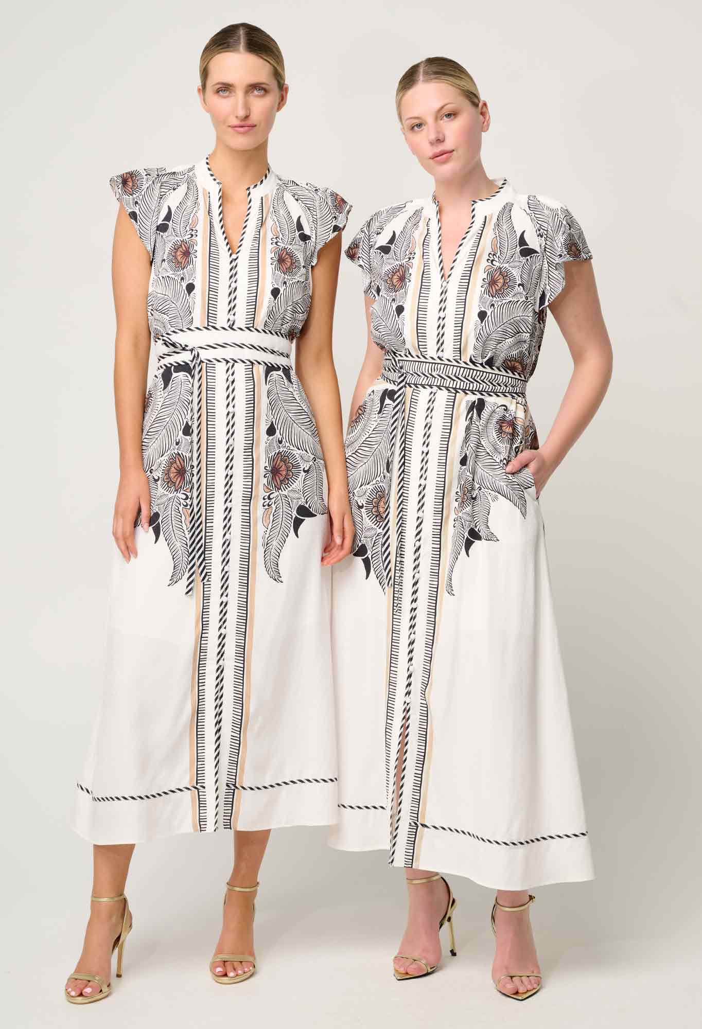 OnceWas - Malika Viscose Dobby Contrast Bind Flutter Sleeve Dress | Ivory Casablanca