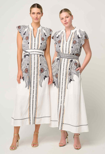 OnceWas - Malika Viscose Dobby Contrast Bind Flutter Sleeve Dress | Ivory Casablanca