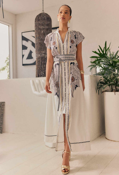 OnceWas - Malika Viscose Dobby Contrast Bind Flutter Sleeve Dress | Ivory Casablanca