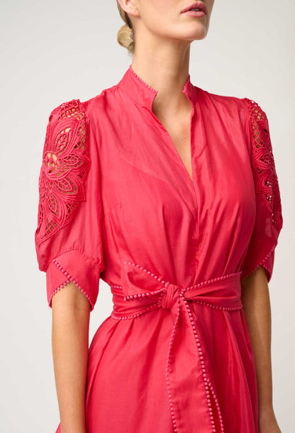 OnceWas - Jamila Silk Cotton Custom Lace Detail Dress | Ruby