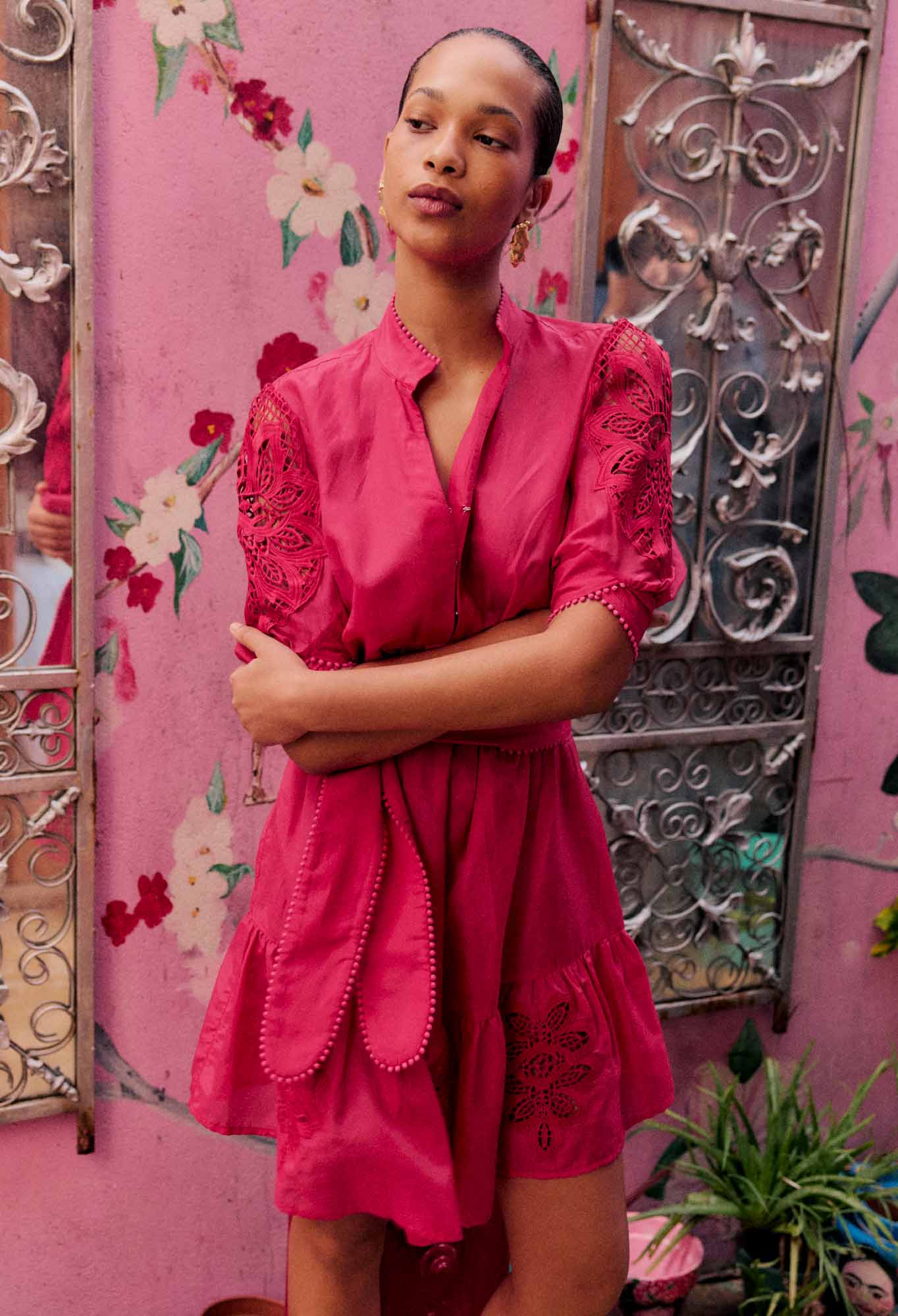 OnceWas - Jamila Silk Cotton Custom Lace Detail Dress | Ruby