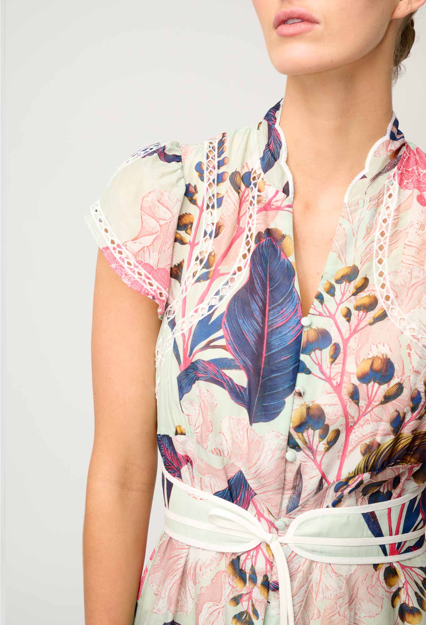 OnceWas - Nisreen Silk Cotton Embroidered Flutter Sleeve Dress | Oasis Flora